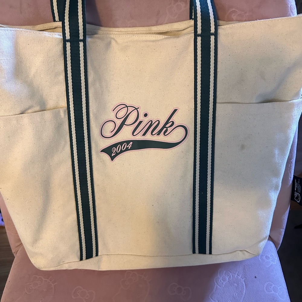 PINK Victoria's Secret Tote Bag - Cream with Green Straps